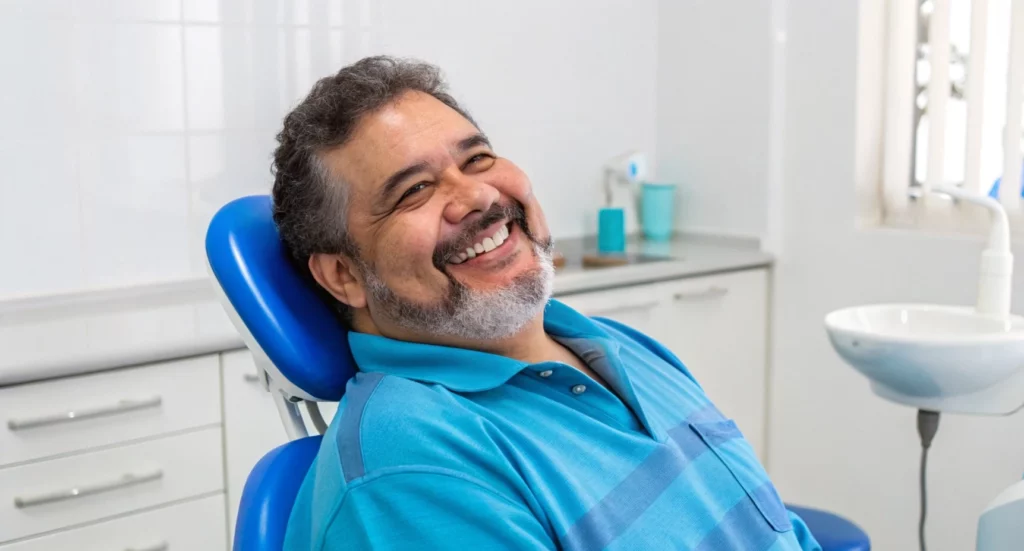 Confident Caribbean adult smiling with restored teeth after All-on-4 dental implants, standing in a bright, tropical setting in the Dominican Republic | Dr. Mariano Estrada, DDS
