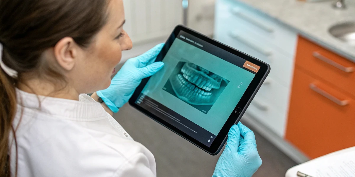 Digital smile simulation on a tablet screen | Dr. Mariano Estrada, DDS, Santo Domingo, Dominican Republic