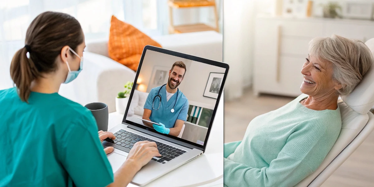 Three-panel visual of dental implant journey: virtual video consult, in-clinic implant surgery, and remote follow-up check-in, styled in teal-orange tones | Dr. Mariano Estrada, DDS, Santo Domingo, Dominican Republic